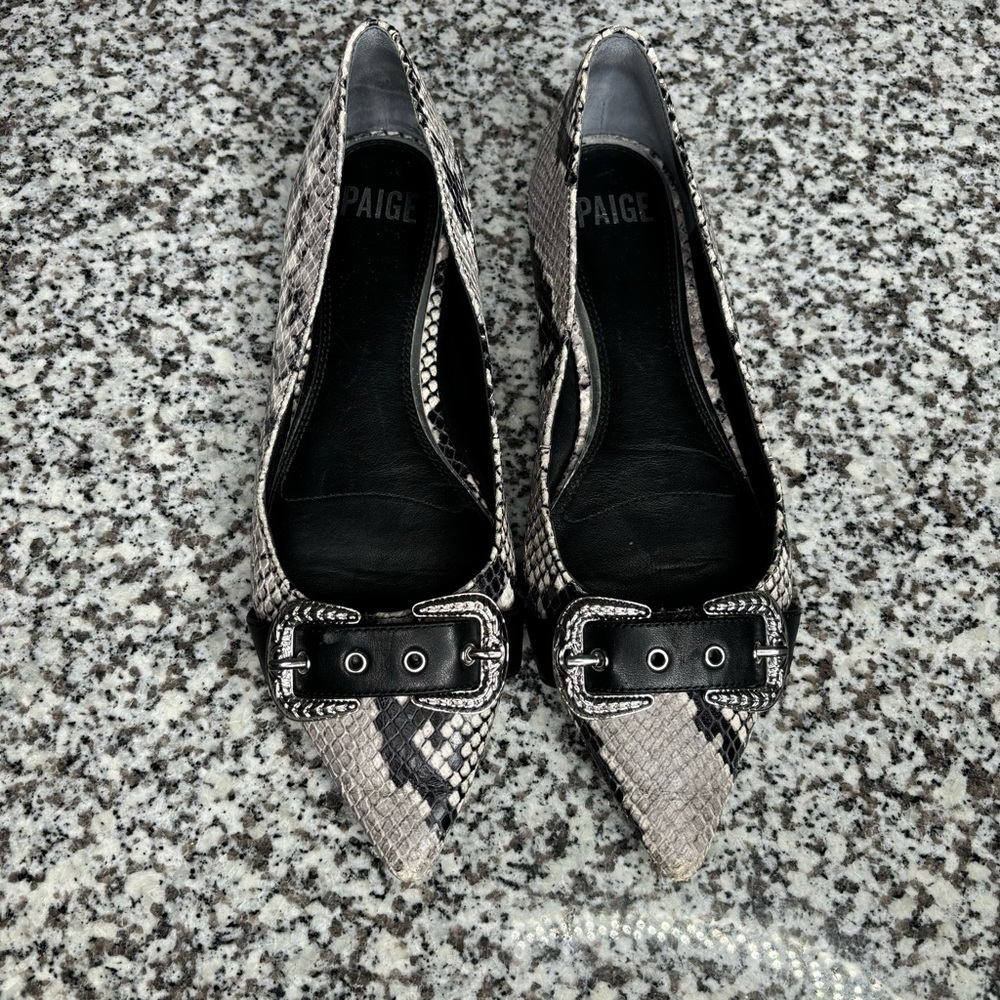 Paige Alisa Pointed Flats Goat Leather Snake Embossed Double Buckle